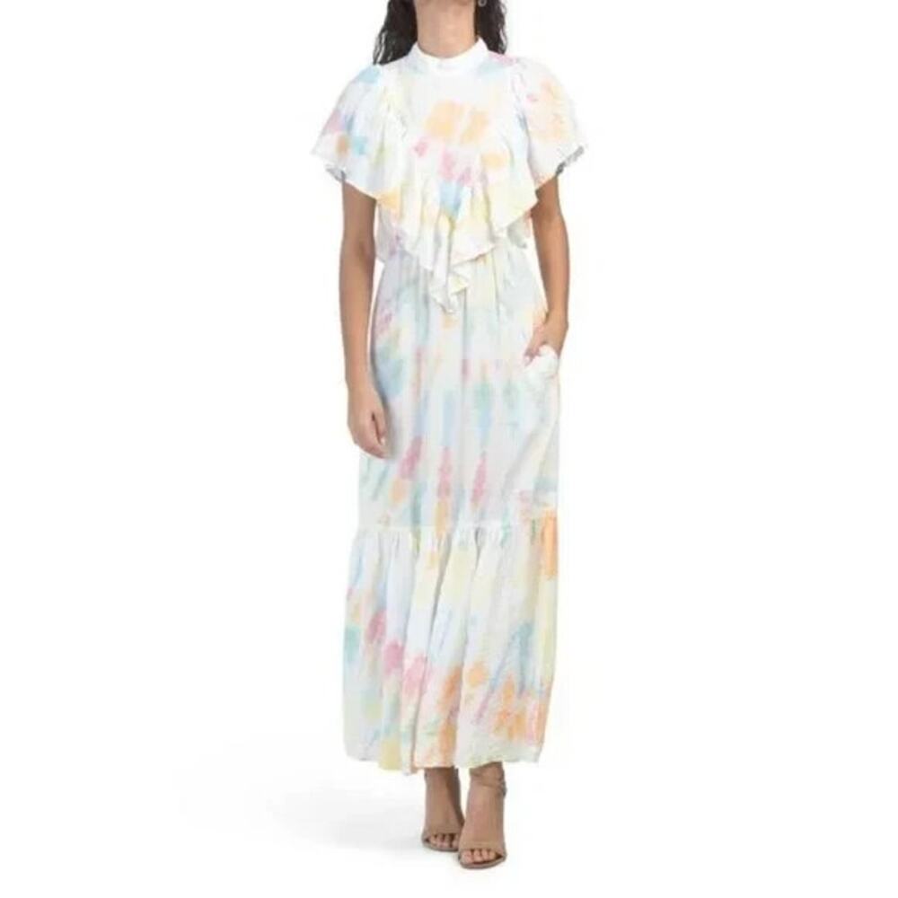 Young Fabulous & Broke Cruz Ruffle Open Back Maxi Dress Tie Dye Boho Festival Md